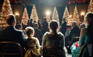 People in audience watching a performance in a room decorated with Christmas trees.