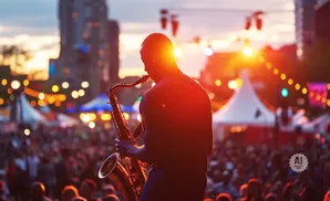 A silhouette of a saxophonist plays in front of a blurred, vibrant outdoor concert crowd at sunset.