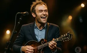 A man in a suit laughs while playing a mandolin on stage.