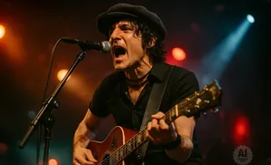A man in a black shirt and cap sings passionately into a microphone while playing an acoustic guitar on stage.
