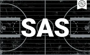 A grunge-style black and gray basketball court with a basketball icon in the top right corner.