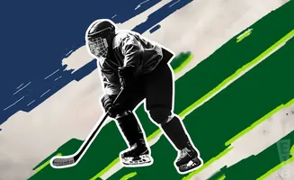 A hockey player in black gear skates on a background with green and blue diagonal stripes.