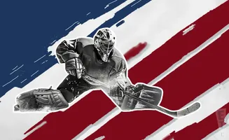 Hockey goalie in mid-save, with a red and blue striped background resembling the American flag.