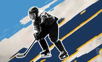 A black and white image of a hockey player in full gear with a blue and yellow abstract background.