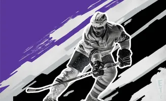 A black and white image of a hockey player in action against a purple and black background with graphic brush strokes.