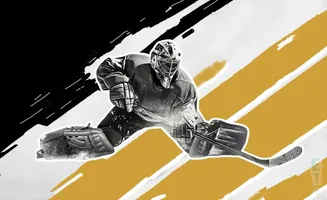 A hockey goalie in full gear slides to make a save, with a stylized black, white, and gold background.