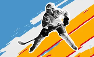 A hockey player in a helmet and uniform on a colorful abstract background.