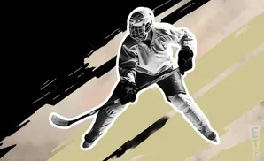 A hockey player in uniform skates with a stick, outlined against a black and tan background.