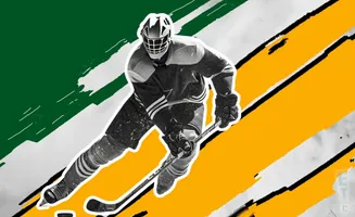A hockey player in a goalie mask skates across a backdrop of green and yellow stripes.