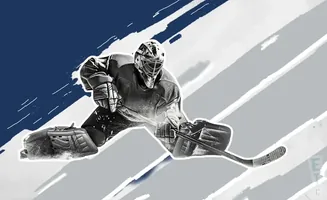 A hockey goalie in a split crouch, ready to make a save.