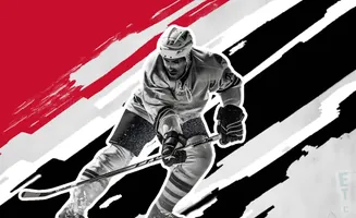 A black and white image of a hockey player with red and black abstract shapes.