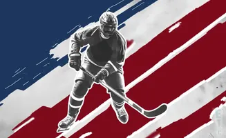 Black and white hockey player in action against a red, white, and blue abstract background.