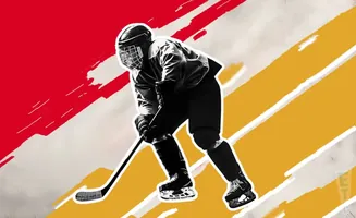 Black and white hockey player in full gear on a red and yellow abstract background.