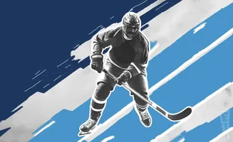A hockey player in black and white on a blue and white striped background.
