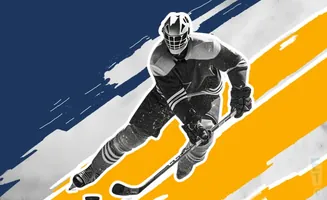 A hockey player in full gear skates with a stick on a background of blue, yellow, and white stripes.