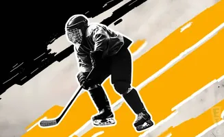 A hockey player in black and white, in mid-action, against a yellow and black abstract background.