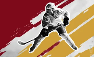 A hockey player in a black and white image with red and yellow diagonal brush strokes.