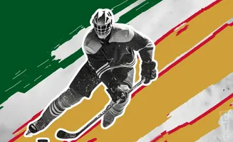 A hockey player in full gear skates across a background with diagonal green, white, and yellow stripes.