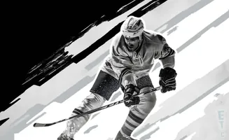 Black and white image of a hockey player in mid-action, with diagonal lines across the background.