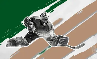 A hockey goalie in a split-save stance, with a hockey stick.