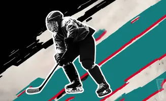 A hockey player in silhouette, mid-game, with a dynamic, abstract background of black, white, and teal stripes.
