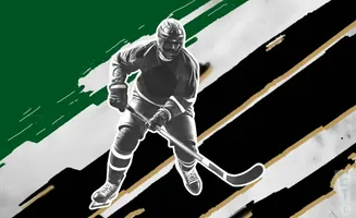 A hockey player in uniform skates with a stick, on a background of green and black diagonal stripes.