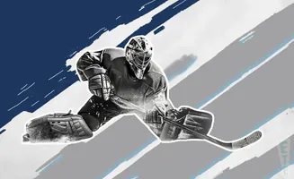 Black and white image of a hockey goalie in a crouched stance, making a save with their stick.