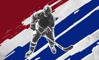 A hockey player in black and white skates with a stick against a red, white, and blue background.