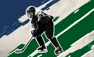Hockey player in silhouette with a mask and stick, against a backdrop of green and blue stripes.