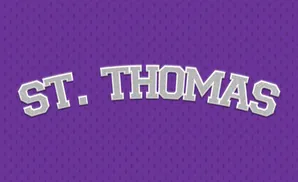 St. Thomas text on a purple textured background.