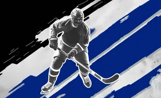 Black and white hockey player in action on a blue and white striped background.