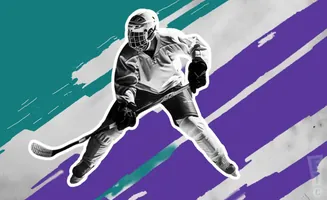 A hockey player in mid-action on a purple and teal background.