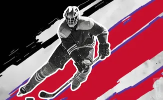 A hockey player in a vintage uniform skates with a stick and puck against a dynamic red, black, and white background.