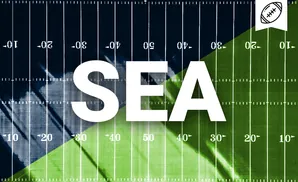 An American football field with yard lines and numbers.