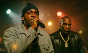 Rapper Pusha T performs on stage in a gray jacket and black beanie, with another man in a black leather jacket behind him.