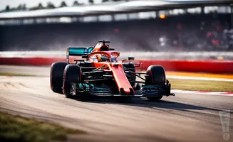A vibrant orange Formula 1 car speeds around a race track with blurred spectators in the background.