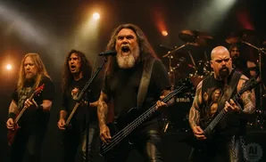 Four men in a band perform on a stage, with two guitarists and a bassist visible.