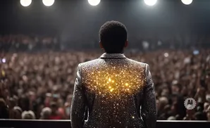 Man in sparkly jacket on stage facing a large, blurred audience under bright lights.