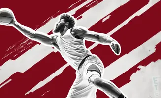 Basketball player mid-air, dunking the ball with a red and white abstract background.