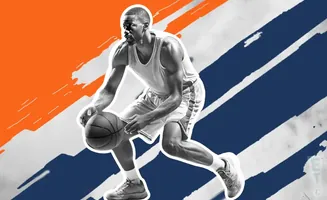 Basketball player dribbling the ball, with orange and blue abstract background.