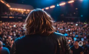 Back view of a person with long, wavy brown hair and a black leather jacket, facing a large crowd at a concert.