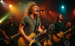 A male rock singer with long, wild hair and a gray t-shirt sings into a microphone while playing a guitar on stage with his band.