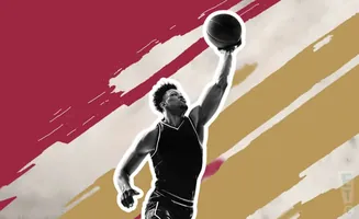 A basketball player dunks the ball while looking up, set against a vibrant red and gold abstract background.