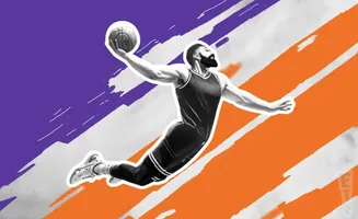 A basketball player dunks with purple and orange streaks behind him.