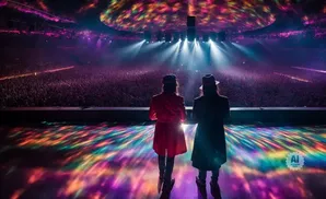 Two figures in hats stand on a stage, facing a large crowd at a concert with colorful lights.