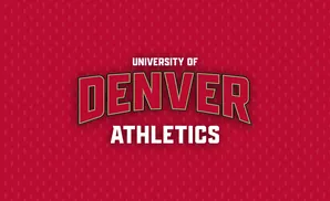 University of Denver Athletics logo on a red patterned background.