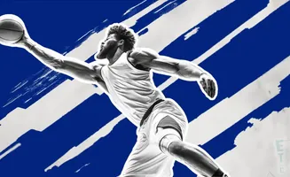 Basketball player in mid-air, reaching for the ball with a blue and white abstract background.