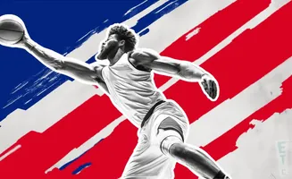 Basketball player dunking with a red, white, and blue abstract background.