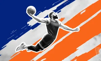A basketball player dunks a ball with a blue and orange background.