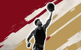 Black and white image of a basketball player mid-dunk against a backdrop of red and gold abstract brushstrokes.